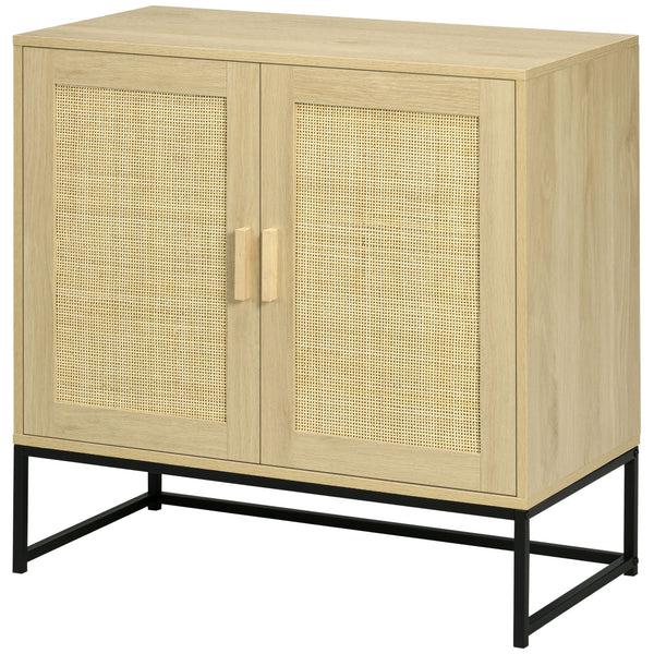 Homcom Sideboard Cabinet With Rattan Doors Adjustable Shelf Metal Base Storage Cabinet