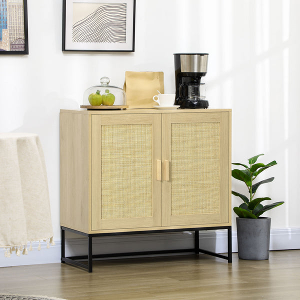 Homcom Sideboard Cabinet With Rattan Doors Adjustable Shelf Metal Base Storage Cabinet