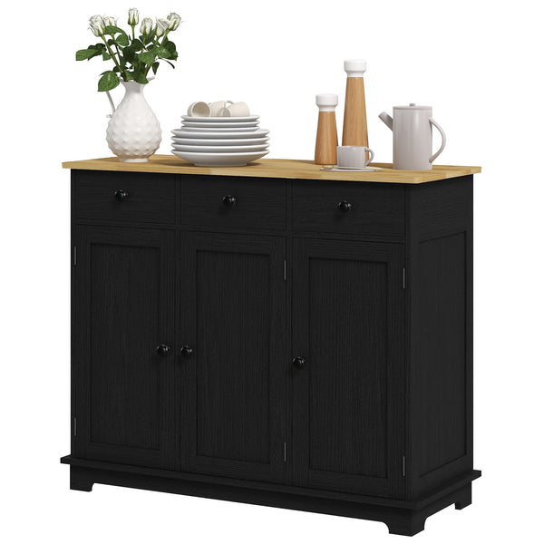 Homcom Sideboard Floor Cupboard Solid Wood Top Adjustable Shelf & 3 Drawers Black Wood Grain