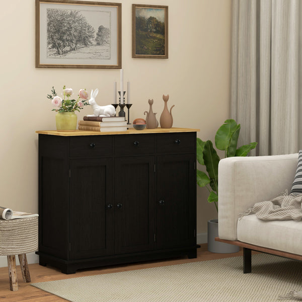 Homcom Sideboard Floor Cupboard Solid Wood Top Adjustable Shelf & 3 Drawers Black Wood Grain