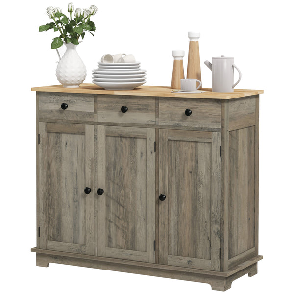 Homcom Sideboard Floor Cupboard Solid Wood Top Adjustable Shelf & 3 Drawers Distressed Gray