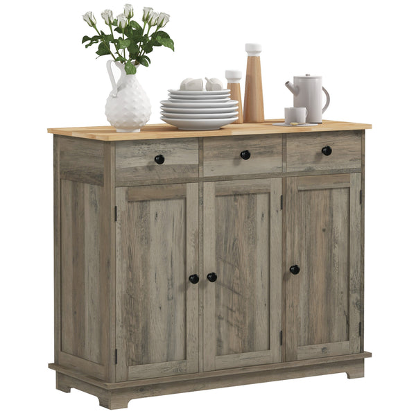 homcom Sideboard Floor Cupboard Solid Wood Top Adjustable Shelf & 3 Drawers Distressed Gray