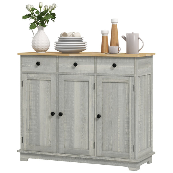 Homcom Sideboard Floor Cupboard Solid Wood Top Adjustable Shelf & 3 Drawers Light Gray