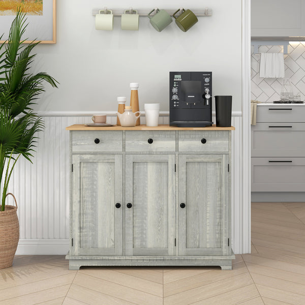 Homcom Sideboard Floor Cupboard Solid Wood Top Adjustable Shelf & 3 Drawers Light Gray
