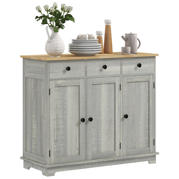 homcom Sideboard Floor Cupboard Solid Wood Top Adjustable Shelf & 3 Drawers Light Gray