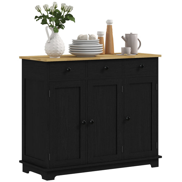 homcom Sideboard Floor Cupboard Solid Wood Top Adjustable Shelf & 3 Drawers Black Wood Grain