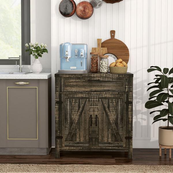 Homcom Sideboard With Storage Buffet Cabinet 2 Barn Doors & Drawer For Dining Room Dark Oak
