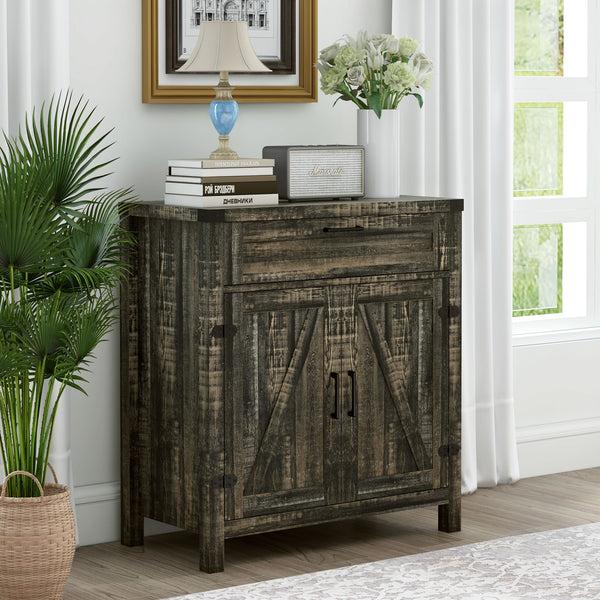 Homcom Sideboard With Storage Buffet Cabinet 2 Barn Doors & Drawer For Dining Room Dark Oak