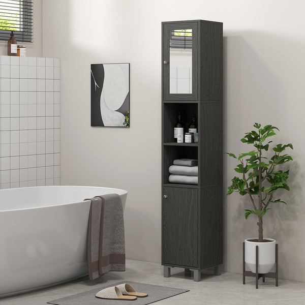 Homcom Tall Bathroom Cabinet W/ Mirror Slim Linen Tower Doors & Adjustable Shelves Gray
