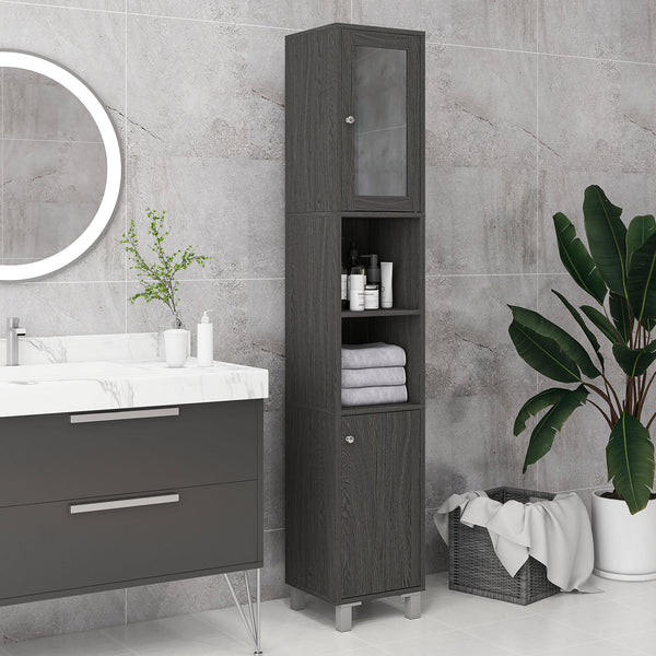 Homcom Tall Bathroom Cabinet W/ Mirror Slim Linen Tower Doors & Adjustable Shelves Gray