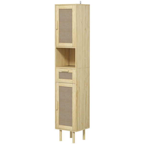 Homcom Tall Bathroom Cabinet With Rattan Doors Freestanding Storage With Drawer Oak
