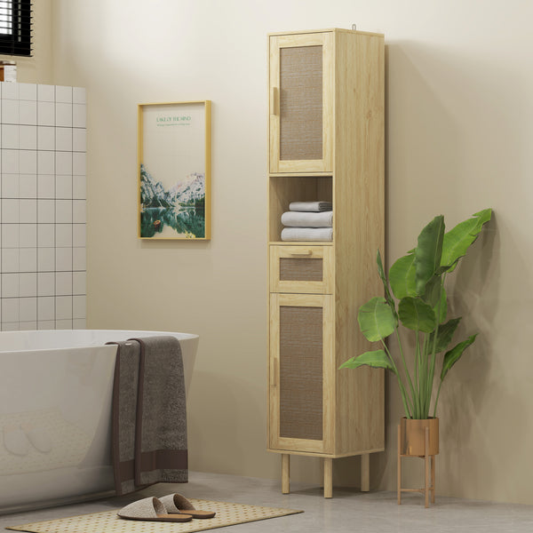 Homcom Tall Bathroom Cabinet With Rattan Doors Freestanding Storage With Drawer Oak