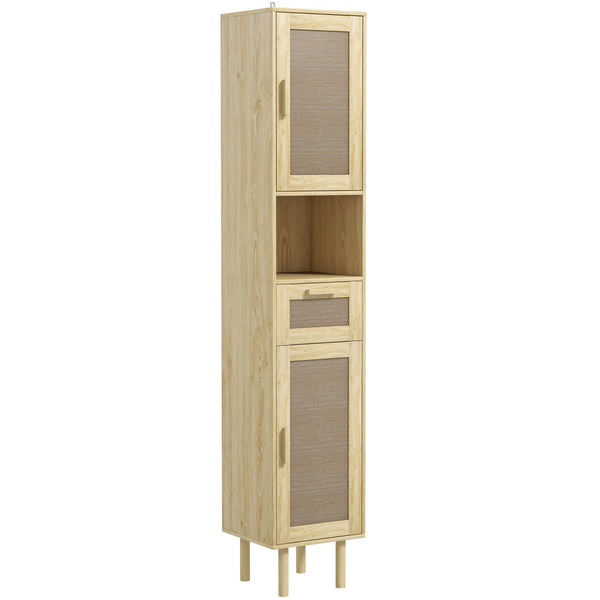 homcom Tall Bathroom Cabinet with Rattan Doors Freestanding Storage with Drawer Oak