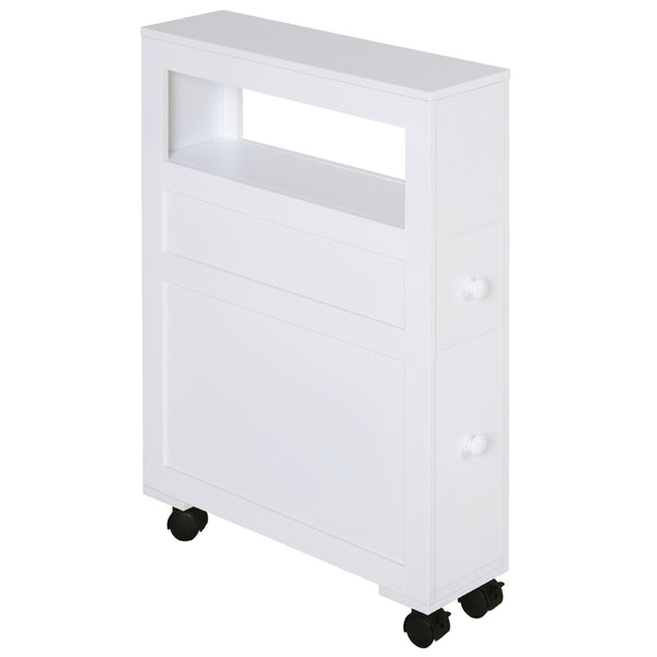 homcom Wooden Rolling Narrow Bathroom Storage Side Cabinet w/ Slide-Out Shelf White