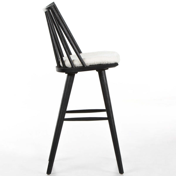 Home Fashion Lewis Windsor Bar & Counter Stool W/ Cream Shorn Sheepskin Cushion Black Oak By Four Hands