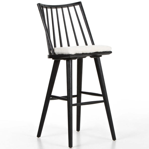 home fashion Lewis Windsor Bar & Counter Stool w/ Cream Shorn Sheepskin Cushion Black Oak by Four Hands