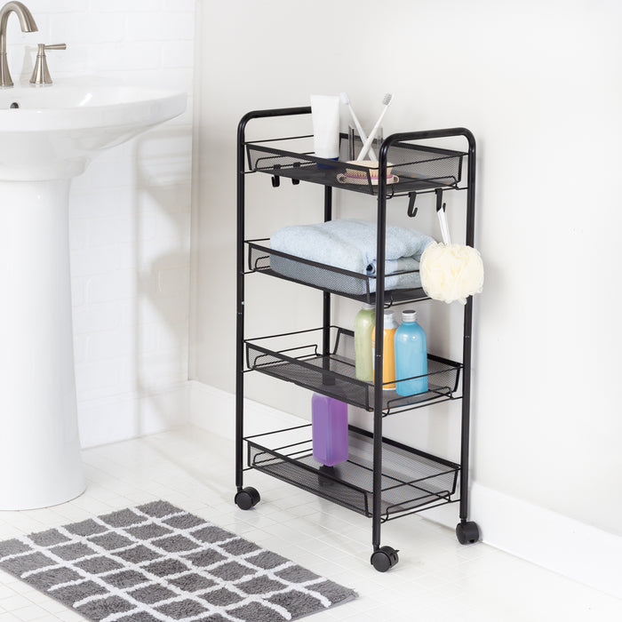 Honey Can Do Black 4-Tier Metal Storage Cart With 5 Hooks