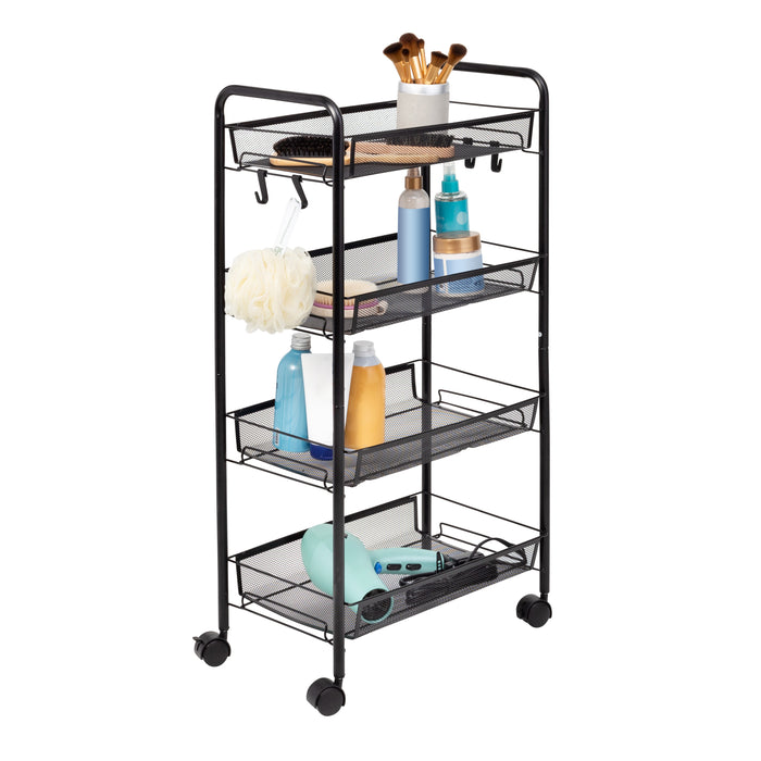 honey can do Black 4-Tier Metal Storage Cart with 5 Hooks