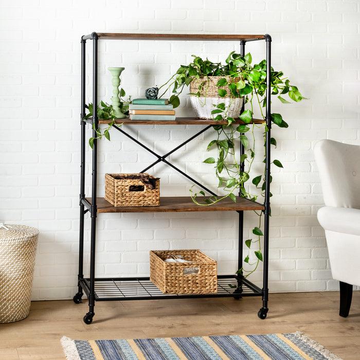 Honey Can Do Black/Brown 4-Tier Industrial Rolling Bookshelf