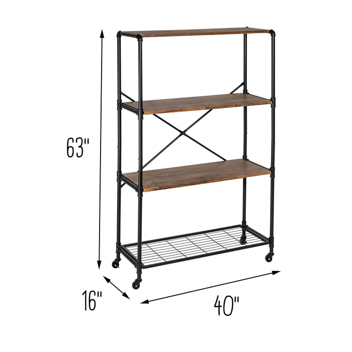 Honey Can Do Black/Brown 4-Tier Industrial Rolling Bookshelf