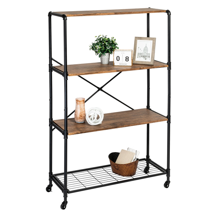 honey can do Black/Brown 4-Tier Industrial Rolling Bookshelf
