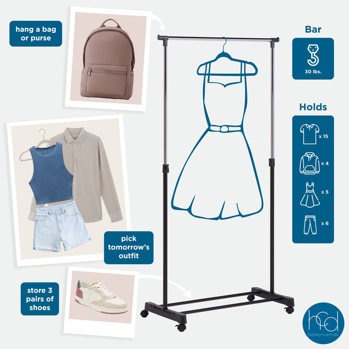 Honey Can Do Black/Chrome Adjustable Height Rolling Clothes Rack