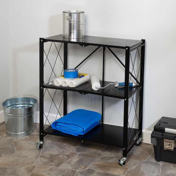 Honey Can Do Black Folding 3-Tier Metal Rolling Shelf