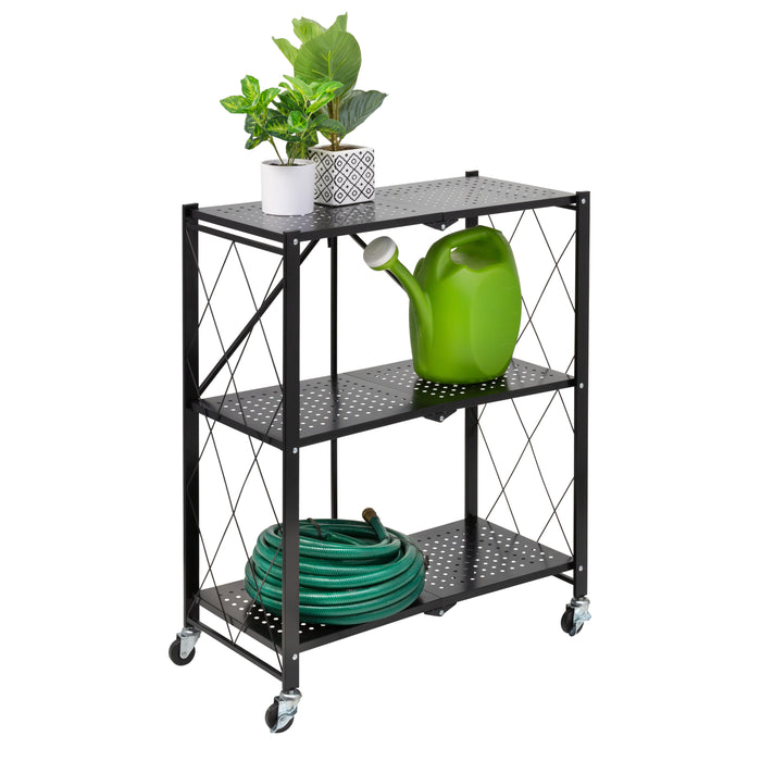 honey can do Black Folding 3-Tier Metal Rolling Shelf