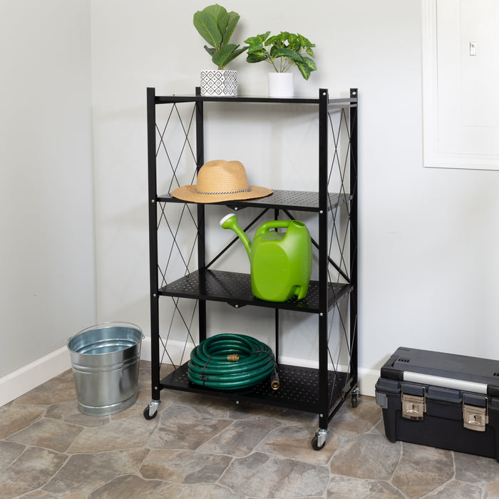 Honey Can Do Black Folding 4-Tier Metal Rolling Shelf