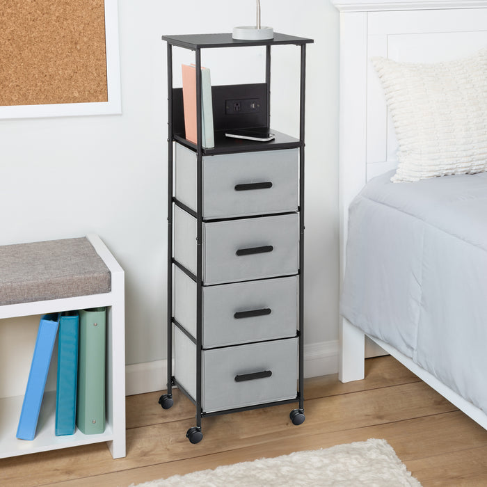Honey Can Do Black/Gray Dorm 4-Drawer Bedside Charging Storage Cart