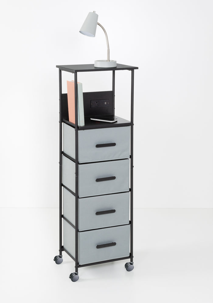 honey can do Black/Gray Dorm 4-Drawer Bedside Charging Storage Cart