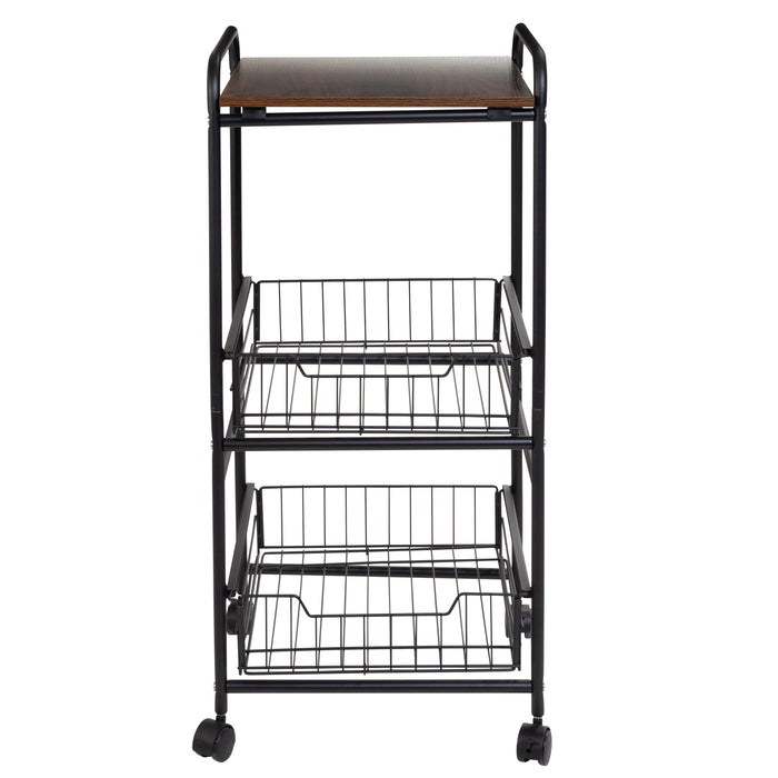 Honey Can Do Black/Natural 3-Tier Slim Rolling Cart With Metal Basket Drawers