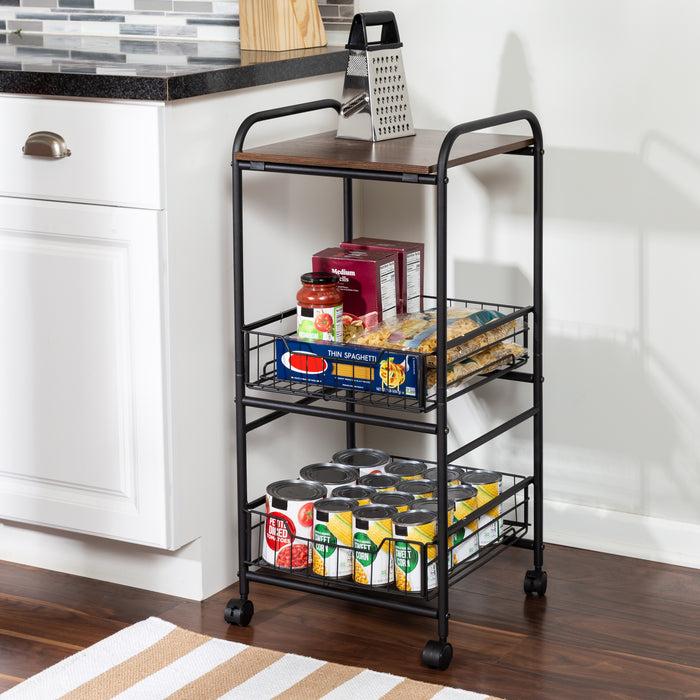 Honey Can Do Black/Natural 3-Tier Slim Rolling Cart With Metal Basket Drawers