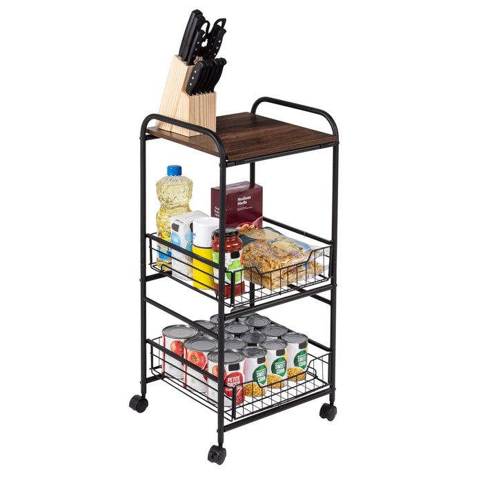 honey can do Black/Natural 3-Tier Slim Rolling Cart with Metal Basket Drawers