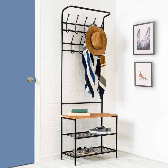 Honey Can Do Black/Natural Entryway Hall Tree And Shoe Storage Bench