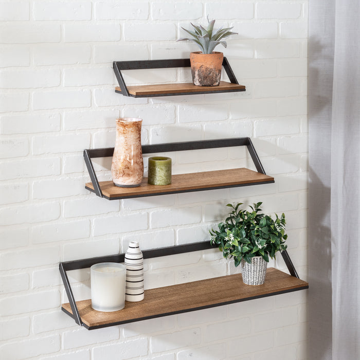 Honey Can Do Black/Natural Floating Metal And Wood Wall Shelves (Set Of 3)