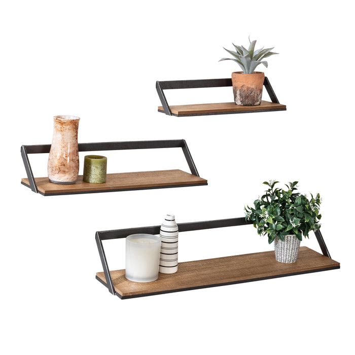 honey can do Black/Natural Floating Metal and Wood Wall Shelves (Set of 3)