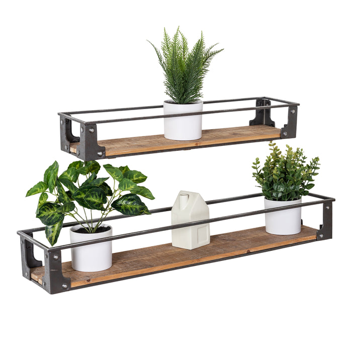 honey can do Black/Natural Floating Metal and Wood Wall Shelves (Set of 2)