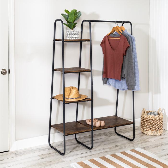 Honey Can Do Black/Natural Freestanding Metal Clothing Rack With Wood Shelves
