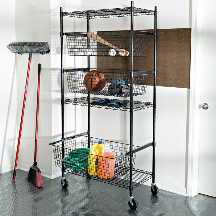 Honey Can Do Black Rolling Adjustable Garage Shelving Unit With 3 Pull-Out Baskets