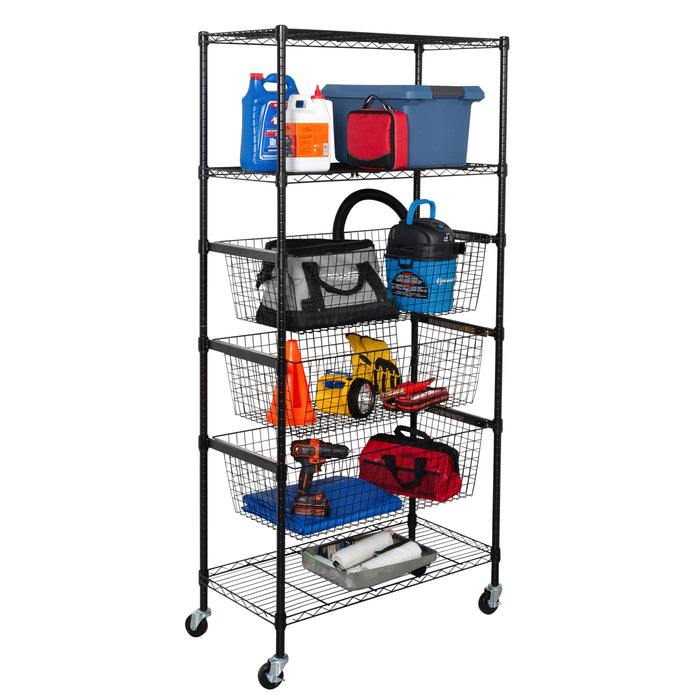 Honey Can Do Black Rolling Adjustable Garage Shelving Unit With 3 Pull-Out Baskets