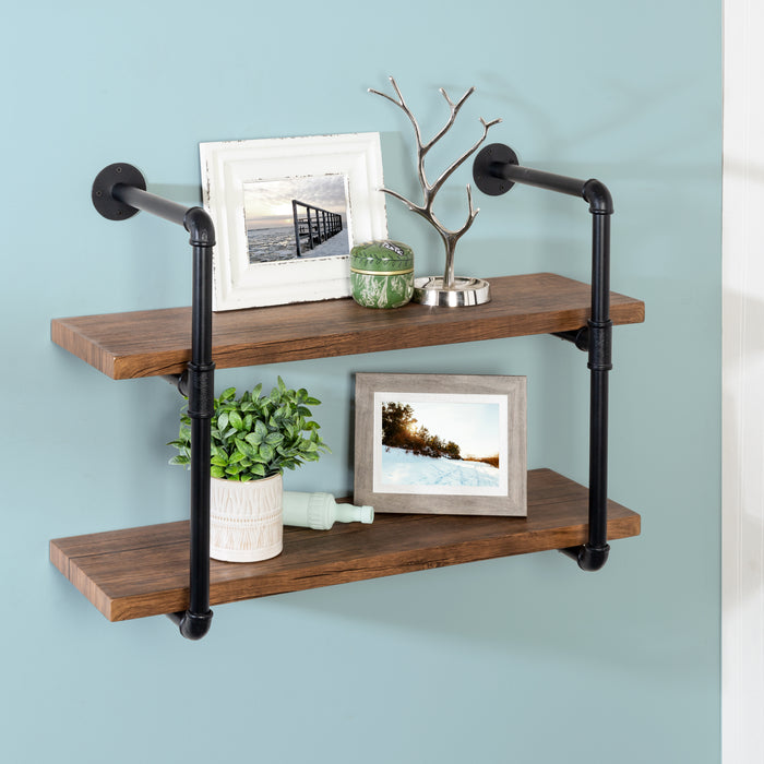 Honey Can Do Black/Rustic 2-Tier Industrial Wall Shelf