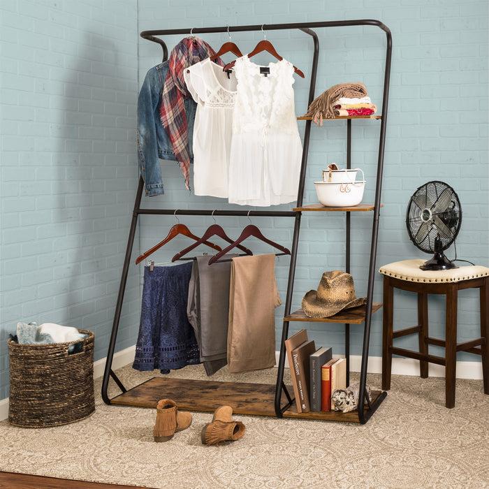 Honey Can Do Black/Rustic Freestanding 2-Rod Open Closet With 3 Shelves