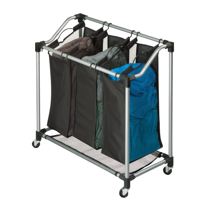 honey can do Black/Silver Rolling Triple Laundry Sorter