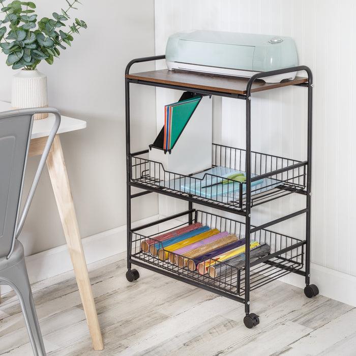 Honey Can Do Black/Walnut 3-Tier Cart With Wood Shelf And Pull-Out Baskets