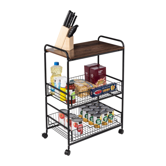 Honey Can Do Black/Walnut 3-Tier Cart With Wood Shelf And Pull-Out Baskets