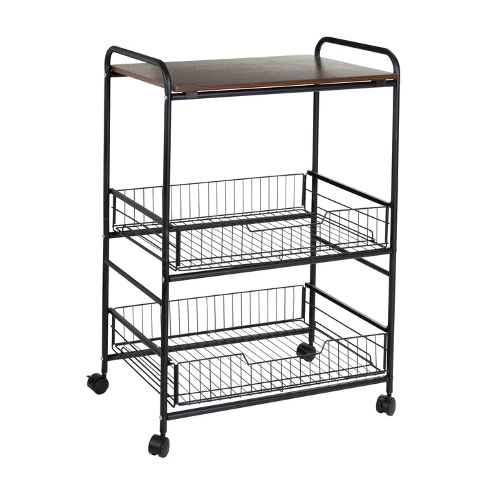 Honey Can Do Black/Walnut 3-Tier Cart With Wood Shelf And Pull-Out Baskets