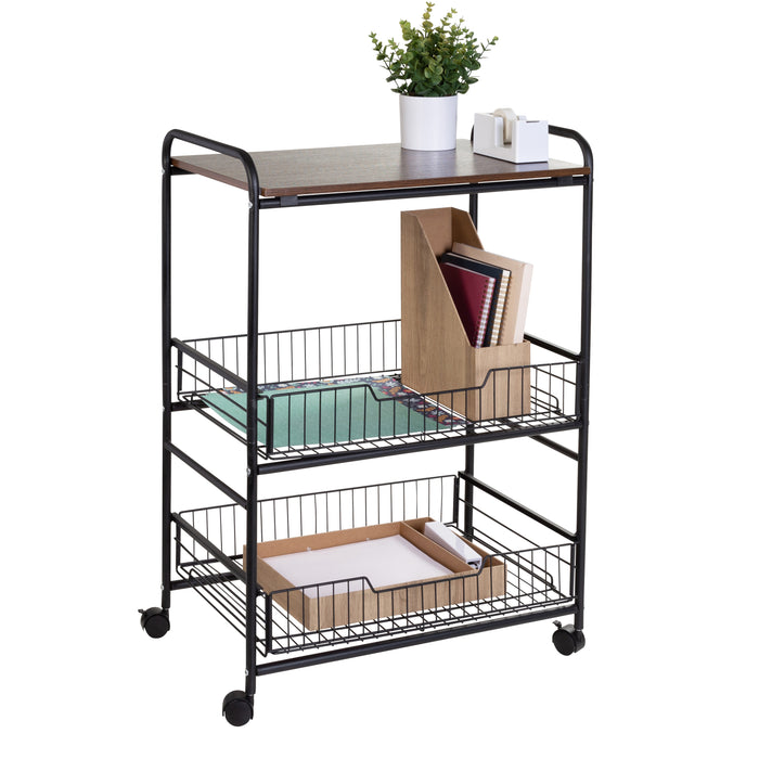 honey can do Black/Walnut 3-Tier Cart with Wood Shelf and Pull-Out Baskets
