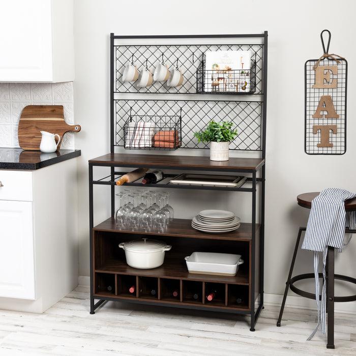Honey Can Do Black/Walnut Kitchen Bakers Rack With Wine Storage