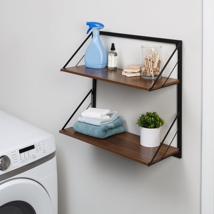 Honey Can Do Black/Walnut Modern 2-Tier Wall Shelf With Easy To Hang Design